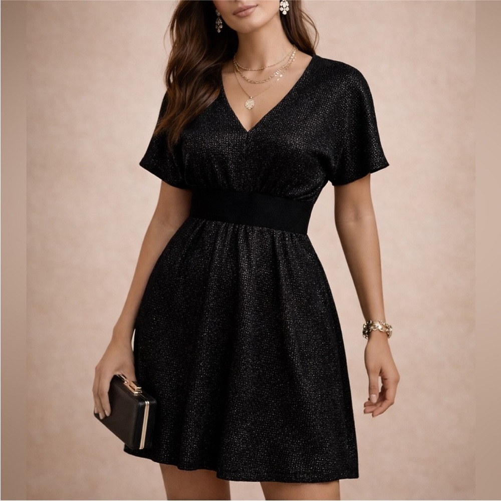 Maje black metallic cashmere blend tencel empire waist fall designer dress  ❤️
